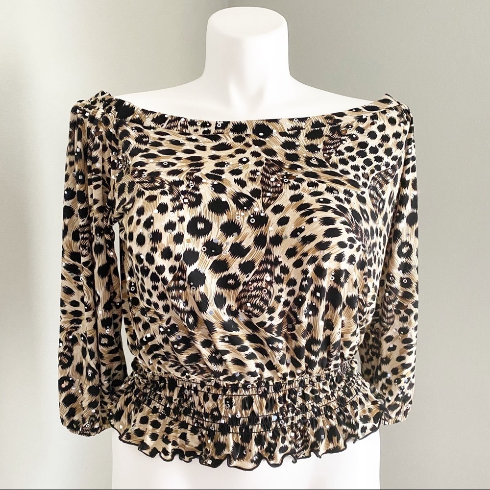 BLU SAGE Pleated Animal Print Off the Shoulder Top